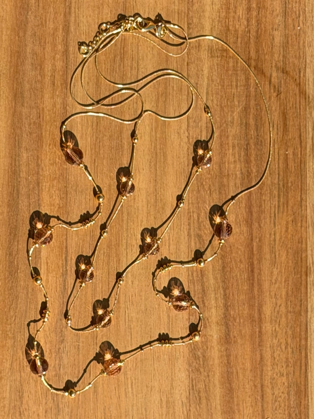 Talbots Gold-Tone Double Strand Necklace with Faceted Clear Blush-colored Beads